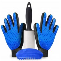 Pet Grooming Gloves Kit Pair 50 Sheet Lint Roller Hand Brush Hair Remover Deshedding Dogs  Adjustable